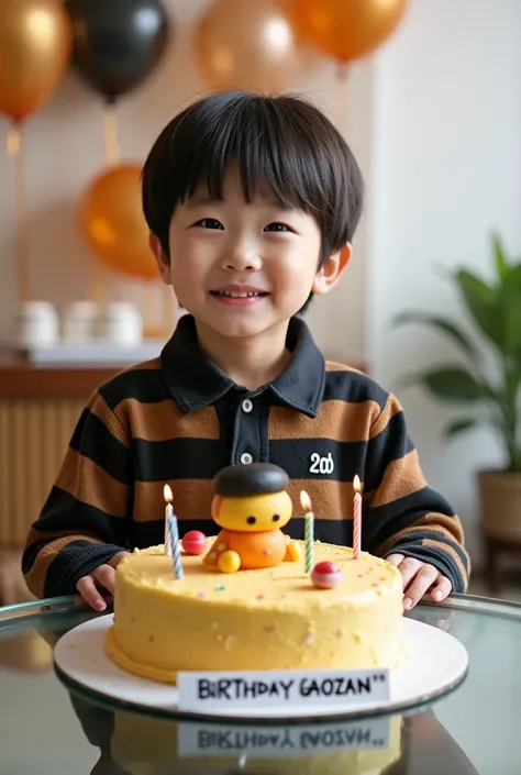 The best photo was taken of a handsome  Korean boy, with neatly styled hair. teary eyes and a cheerful smile. The  was having a birthday, and in front of him was a luxurious glass table with a birthday cake in the shape of a boys toy character. the  was we...