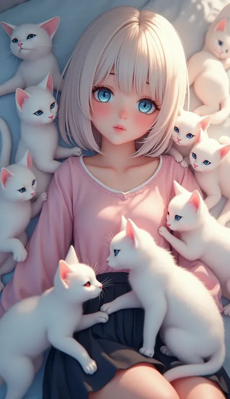 A beautiful girl on bed, many white cats on bed, blue eyes of cat, girl wear a pink top and black school skirt. 