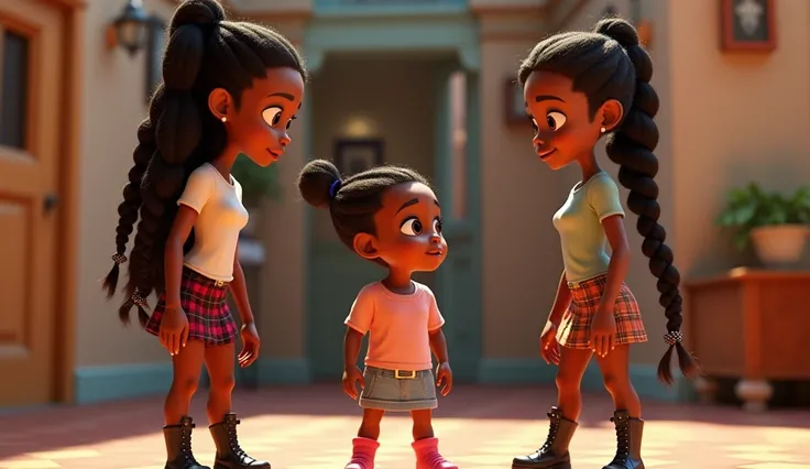 create an image of 3 Disney Pixar female characters dressed in tight fitting t-shirts, plaid mini-skirts and thigh-high boots. There are black females with brown eyes, light brown skin, high cheek bones, and wearing long braids. The characters should be st...