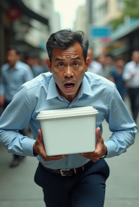 anxious 40 year old malay man running, holding white rectangle plastic container with both hands, 