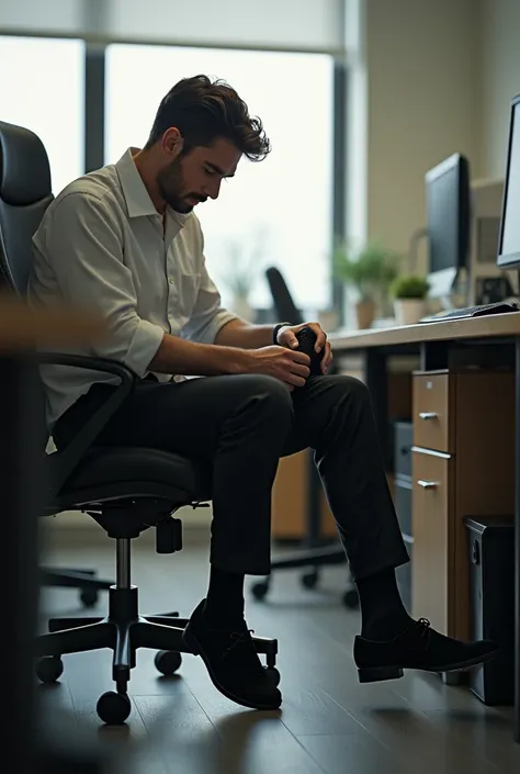 Sitting in the office，taking one shoe off，wearing black socks