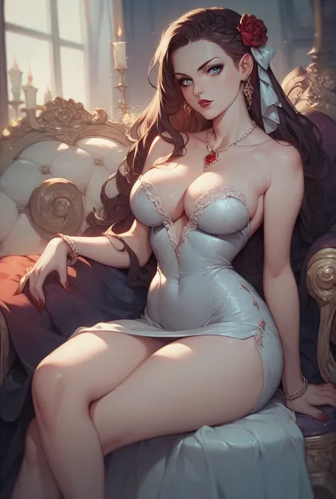 Anime young woman, solo, brunette, french braid, beautiful, blue eyes, pale skin, melancholy expression, voluptuous, thighs, old timey dress black, cleavage, shoeless, red fingernails, vampire