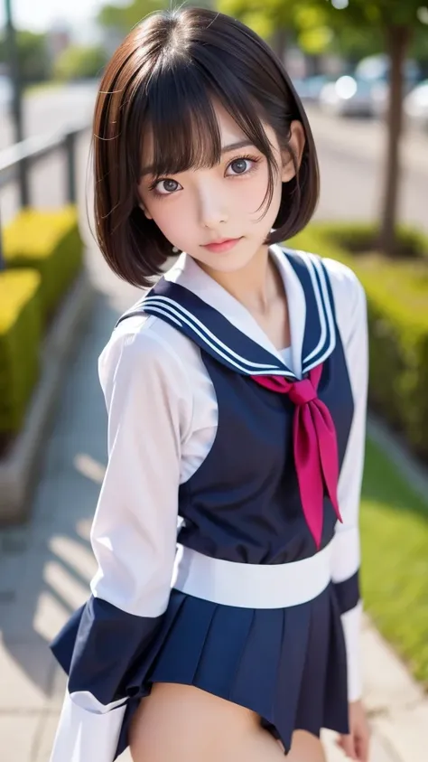 sexy sailor school uniform,A very young beautiful girl,Very slim body, short hair ,Brown Hair,Correct human body, detailed eyes, detailed face , very beautiful face, super cute face , sexy lips, beautiful skin, evenly balanced eyes,Droopy eyes, Very Embarr...