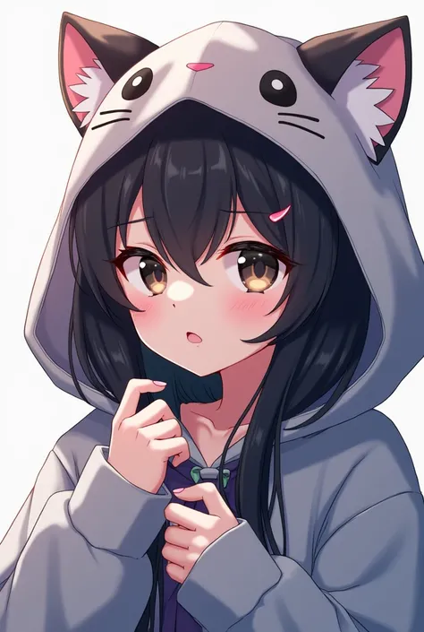 Cat ear hood、 black hair、 girl、 illustrations