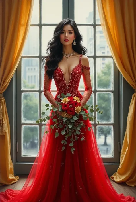 Acrylic oil painting, full body view of a beautiful woman with long wavy black hair, hazel eyes, wearing an elegant long red dress, made entirely of small stones imitating diamonds, with long transparent sleeves, wearing very shiny jewelry. She is standing...