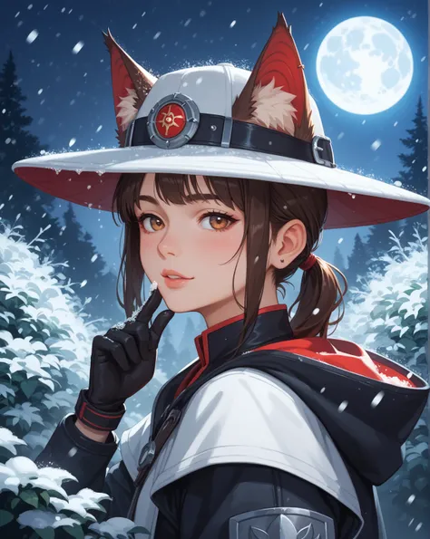 close-up of a man with a strange hat, in cybernetic feline ears, stylized anime, Dark goddess, anime-stylized, anime-styled girl, (the color of the shafts is dark brown) two porridge tails, a ponytail, snowfall, night under the light of the moon, a white b...