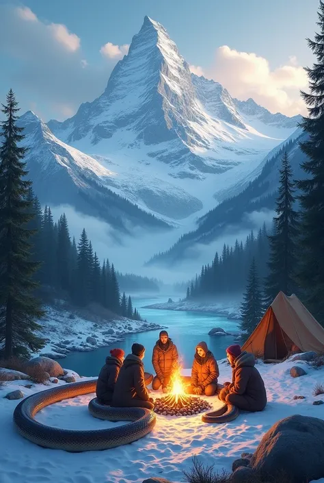 Snowy and Green mountain, river, people with camp fire and big snake