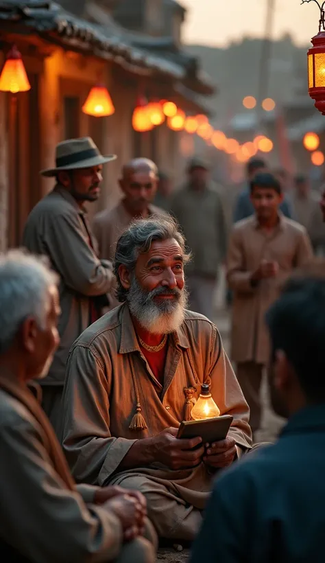 Ali is surrounded by villagers in a lively celebration, sitting with elders while ren play nearby. His expression is content and reflective, holding his notebook as a symbol of his ongoing mission. The village is adorned with simple decorations, and lanter...