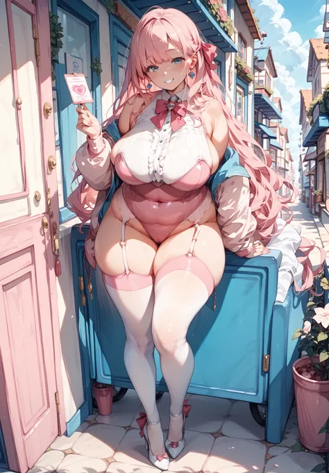  Pink フリルの leotards　　 フリフリ leotards　 leotards　pink color pants , Super long hair,  Big Breasts , White tights　 Garter Belt　 high heels　 Around Town Plump Thighs