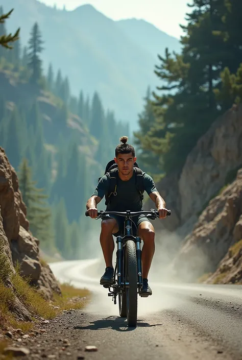 Generate a image in which the message drive a bike and Cristiano Ronaldo.Sit on the back seat of bike and bike fall down from mountain in indian view