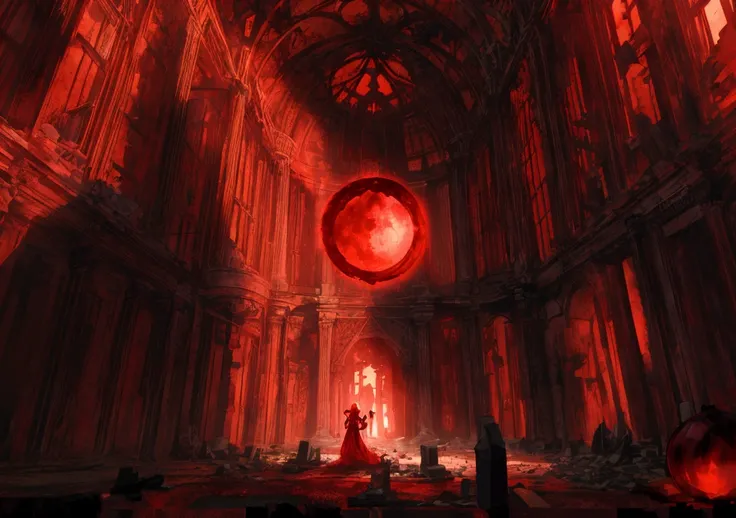 Ruins of a collapsed mansion, Dark night sky with a red moon, A big glowing crimson orb(occupying half of the image)