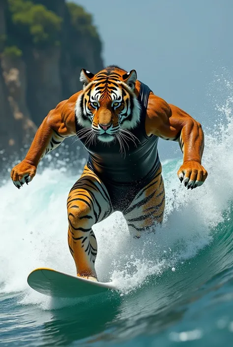 Please generate an image of  Tiger surfing, in a wetsuit, like a pro.