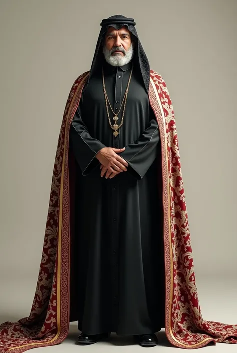 I want a picture of a man wearing a black Qatari thobe with a Kashmiri shawl and an agal