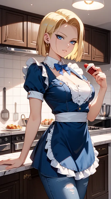 Android 18, with her blonde bob cut, strikes a confident pose, wearing a tight, denim blue maid outfit with red accents, her piercing blue eyes and cool gaze give off a sensual vibe, a modern, minimalist kitchen, 8k, ultra high quality, award-winning, mast...