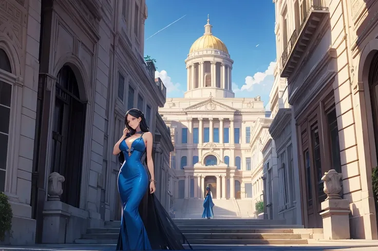   shows an image of a woman in a blue dress standing in front of a building,  Alexis Grimo （Alexis Grimou）The winner of the anime  ,  pixiv contest , neoclassicism,  The ancient ruins behind her ,  Artgerm . Cartoon illustration , [Greek goddess, alena aen...