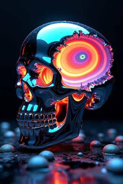 A realistic chrome skull, split open to reveal flowing, liquid-like fractal spirals in vibrant rainbow colors. The spirals appear to pulse with light and motion, creating a hypnotic effect. Surrounding the scene is a deep black void, scattered with glitchi...