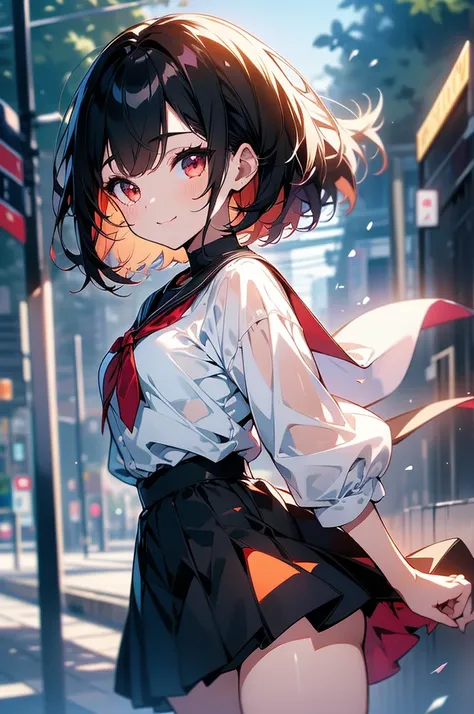 masterpiece, highest quality, highest quality, (no text), Beautiful and aesthetic:1.2),no text,anime、break,anime、break、 one girl、 Dark Haired Girl Short Hair 　 Slit Eyes Boyish 　adult　 beautiful eyes　red eyes, cool smile　 skirt　Black clothing　Full Body Out...