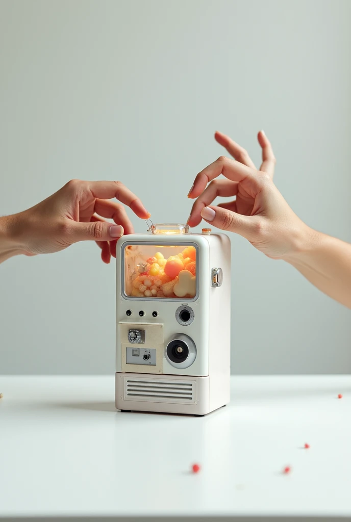 Two hands stretching a vendolette on a white table