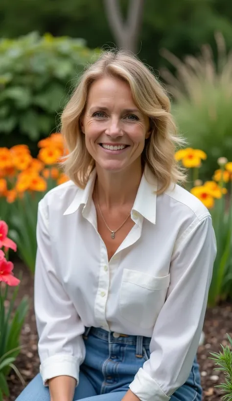 A 38-year-old woman dressed in a high-collared shirt, sitting in a garden surrounded by colorful flowers.