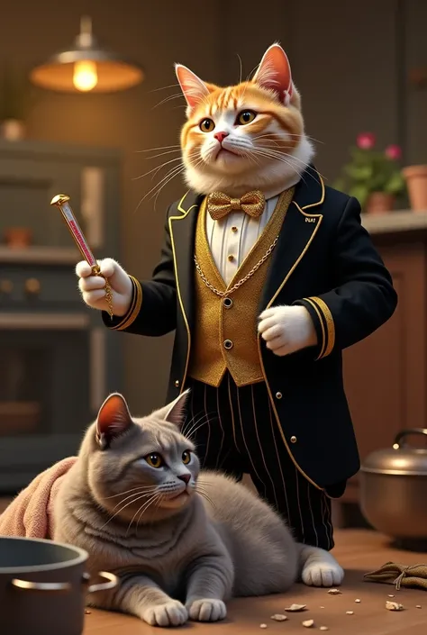 "A playful scene featuring a regal cat named Tinoo, wearing a 24-carat gold necklace, standing with a dramatic expression as he holds a tiny kitchen thermometer in one paw. He is looking down at a gray cat named Shinoo, who is wrapped in a blanket on the f...