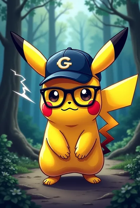 Draw my logo with pikachu with a cap and glasses and with a black tail. Maybe some electricity coming out his cheeks/thunder. And the name “BlackTailJay” add forests in background. Make it look like cool and Attractive logo 