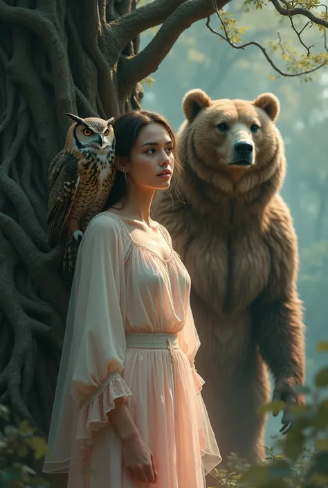 A woman, 35 years old, stands in front of a huge tree. She has an old pink aura .  A Siberian eagle owl sits on her shoulder and a brown bear stands behind her