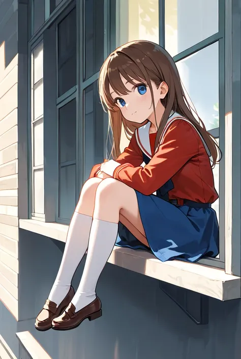  A girl with long brown hair blue eyes, wearing an old Soviet school uniform, Sits on the windowsill 