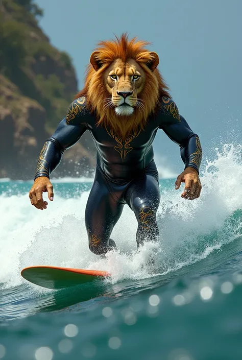 Please generate an image of LION surfing, in a wetsuit, like a pro.