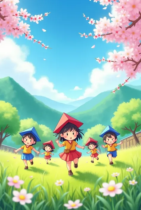 Under a (bright blue sky). The background shows (lush green mountains) (15) and (cherry blossoms in full bloom) (4). In the foreground, (smiling ren wearing origami helmets) (5) are running on a (grassy field dotted with spring flowers) (3). The entire sce...