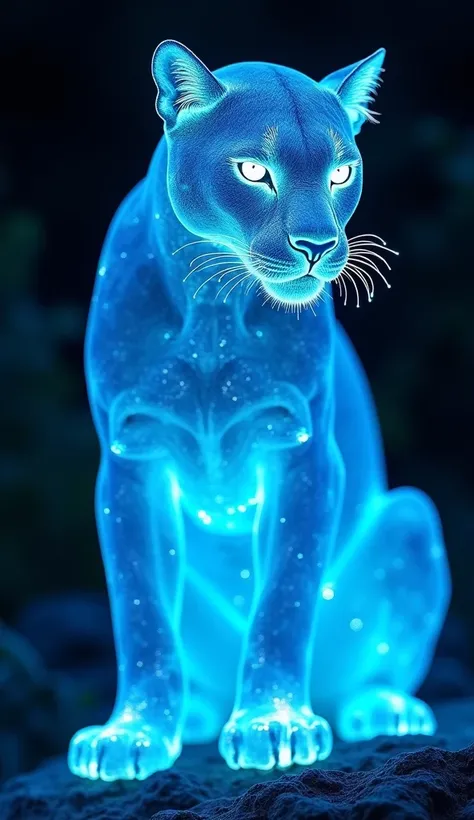 Create a full-body shot of a panther made entirely of glowing, translucent blue topaz, standing gracefully in a dark, mystical environment. The panthers body is formed from radiant topaz crystals, glowing with vibrant shades of blue, creating a mesmerizing...