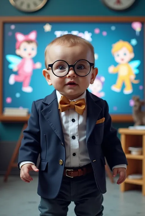 "A one-year-old baby dressed as a professor, wearing a small bow tie, round glasses, and a blazer, standing in a futuristic classroom setting. The baby is looking directly at the center of the camera with a confident and adorable expression. Behind the bab...