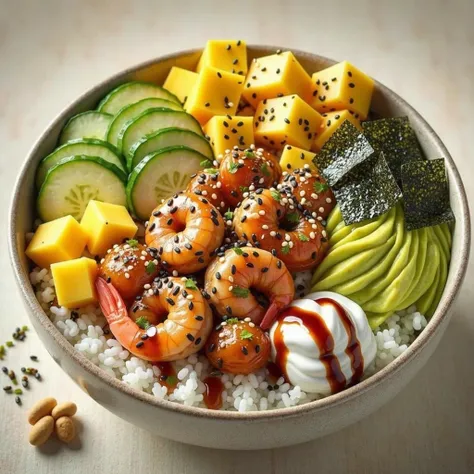  Draw a bowl of white rice in the base ,  decorated with shrimps in teriyaki sauce with sparkling highlights ,  sprinkled with black and white sesame seeds .  Place ripe avocado slices ,  sliced fresh cucumber slices ,  bright yellow mango cubes and Japane...