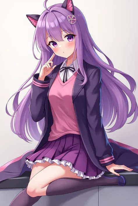 Anime beautiful girl with long purple hair with pink glades and purple eyes , wears a pink shirt complemented by a purple jacket and wears a purple knee-high skirt and wears purple shoes with white lacing while sitting