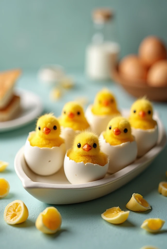 Image created !  This is a ship egg platter with a few pieces of stock around ,  accompanied by adorable chicks popping out of peeled hard-boiled eggs