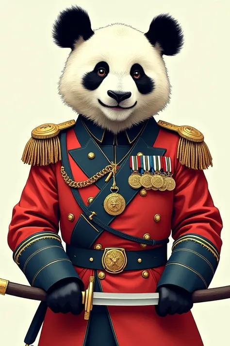 a panda dressed as a war hero, 2d, aesthetic color, white background, ukiyo ornament, ukiyo style, war, smile, cunning, minimalist.