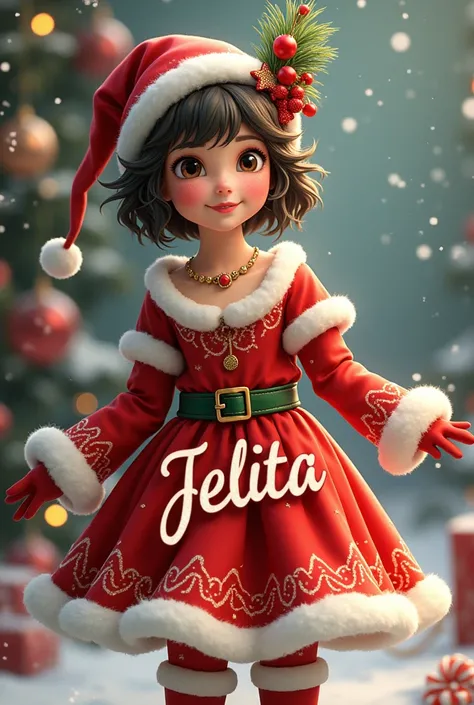 Christmas vibes greeting card with the name Jelita. Dressed in santarina dress