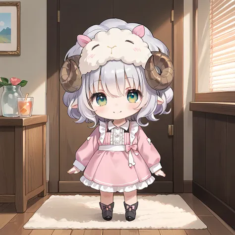 ((masterpiece, best quality, extremely detailed, absurdres)), Inside a room, fairy tale illustration, kawaii, 1girl, solo, (chibi:1.3), full body shot, standing, very cute smile, silver hair, very short hair, (curly hair:1.2), (sheep horns on head:1.4), (S...