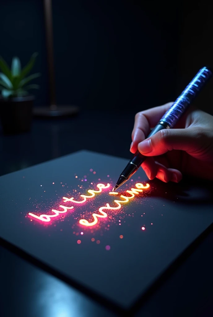 An innovative pen featuring luminous ink that changes color based on the writer’s emotional intensity, creating a visual symphony on paper. The body of the pen is a sleek, polished titanium with glowing striations along its surface, while the ultra-fine me...