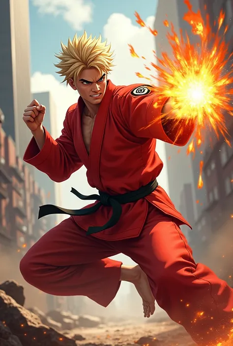 "A blonde fighter in a red gi, mid-shoryuken move, flames trailing from his fist, with a determined grin and an urban battleground in the background."