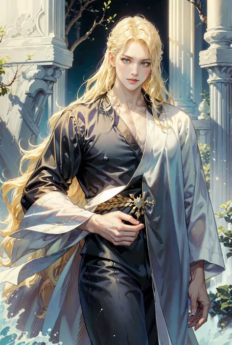 god々 good-looking blond man 、tall slimming 、Neutral outline 、 hair is very long wavy hair、 very white skin 、 his eyes are dark neon blue 、 eyebrows are the same color as hair color 、 costume is silky white robe 、 image of a savior 、