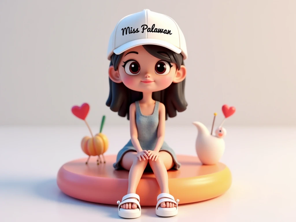 Create a 3d illustration of an animated character. girl character sitting casually on top of a social media logo tiktok.wearing white cap with name "Miss Palawan" written on front of it, wearing casual dress outfit  and white sandals, The background of the...