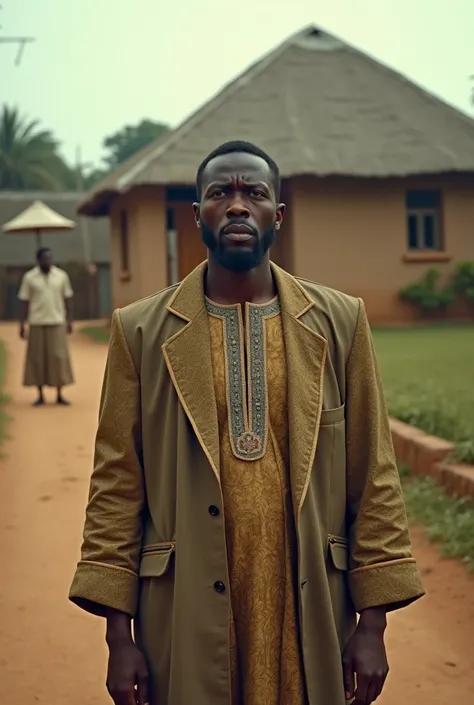 a scared wealthy young nigerian man standing in front of his village house