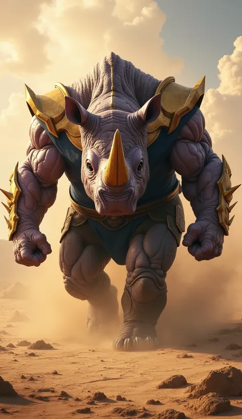 "Illustrate a hybrid creature combining Thanos and a rhino. The creature has Thanoss massive physique with thick, armored skin resembling a rhinos hide. A glowing, curved horn extends from its head, and its shoulders are plated with spiked armor. The backg...