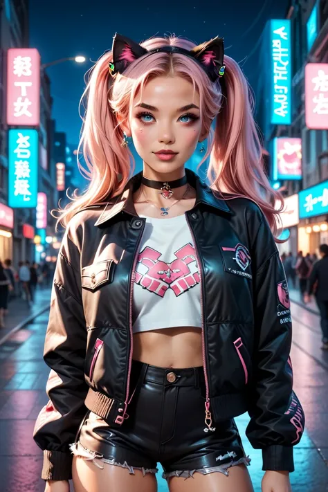 A vibrant urban scene featuring a character with long, bright pink hair styled in two high ponytails, adorned with black cat ears. The character is dressed in a black leather jacket with pink embroidery, a revealing top with similar embroidery, and black h...