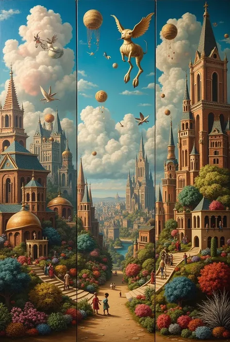 An exquisite 19th-century surrealist painting, divided into three distinct parts. The first part showcases a dreamy, colorful sky with floating objects and peculiar creatures. The second part features an intricate cityscape with whimsical architecture and ...