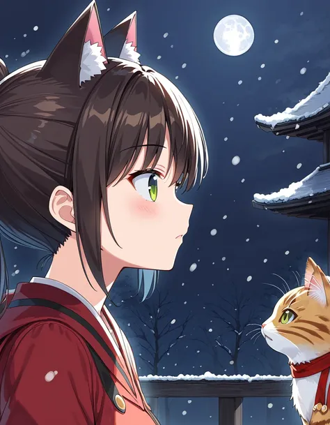 close-up of a man, (with cat ears), stylized anime, Dark goddess, anime-stylized, anime girl, (the color of the shaft is dark brown), (she has two porridge tails), (hairstyle with a ponytail), snowfall, night under the light of the moon,