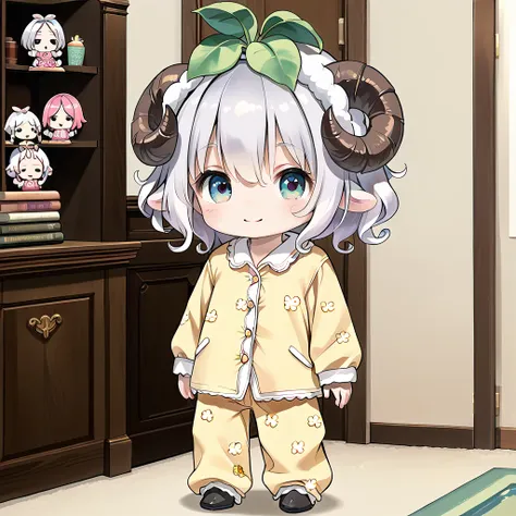 ((masterpiece, best quality, extremely detailed, absurdres)), Inside a room, fairy tale illustration, kawaii, 1girl, solo, (chibi:1.3), full body shot, standing, very cute smile, silver hair, very short hair, (curly hair:1.2), (sheep horns on head:1.4), (P...