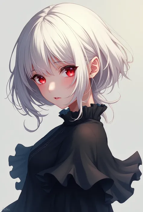 Beautiful anime girl with white hair, red eyes, black, wearing a big black blouse