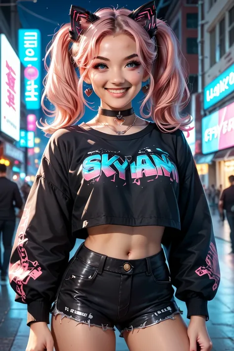 A vibrant urban scene featuring a character with long, bright pink hair styled in two high ponytails, adorned with black cat ears. The character is dressed in a black leather jacket with pink embroidery, a revealing top with similar embroidery, and black h...