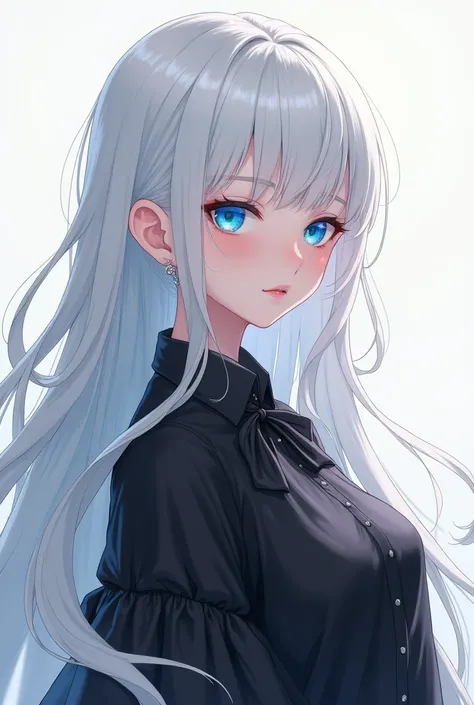 Beautiful anime girl with white hair, blue eyes, long hair, white skin, wearing a big black blouse